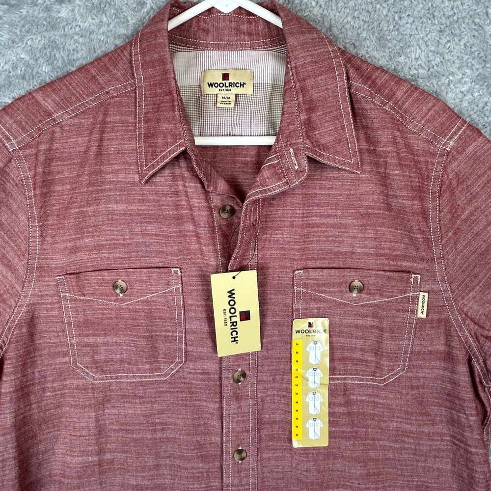 Woolrich Mens Red Short Sleeve Button Down Shirt Contrast Stitch Size M NWT